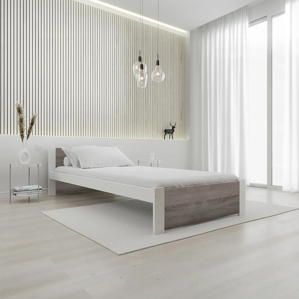 Ágy IKAROS 90 x 200 cm, fehér/szarvasgomba tölgy Matrac: Deluxe 10 cm matraccal, Ágyrács: Deszkás ágyráccsal
