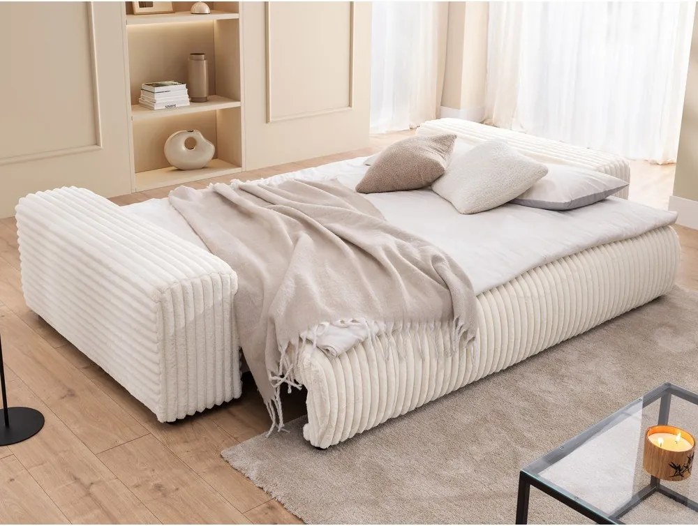 Krémszínű kordbársony kinyitható-tárolóhelyes kanapé 260 cm Justin – Ropez