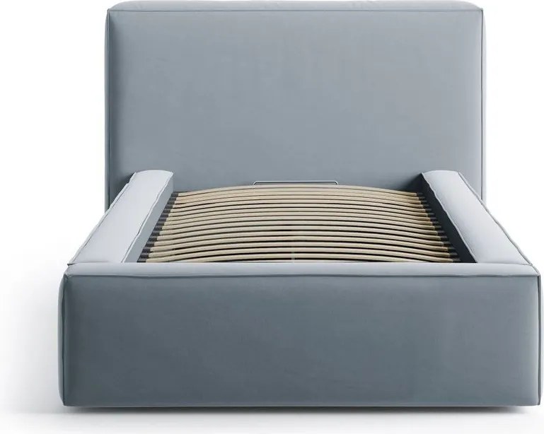 Világoskék kárpitozott ágyneműtartós egyszemélyes ágy ágyráccsal 90x200 cm Jodie – Micadoni