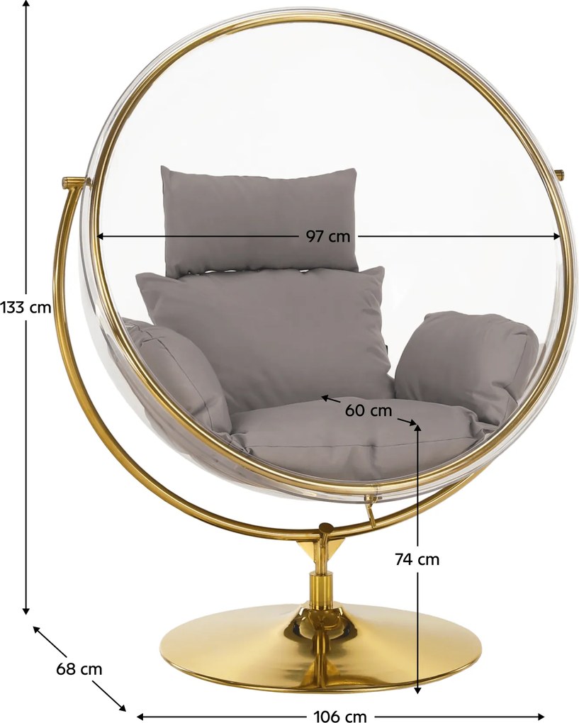 Függő fotel állvánnyal, átlátszó/arany/szürke, BUBBLE NEW TYP 2