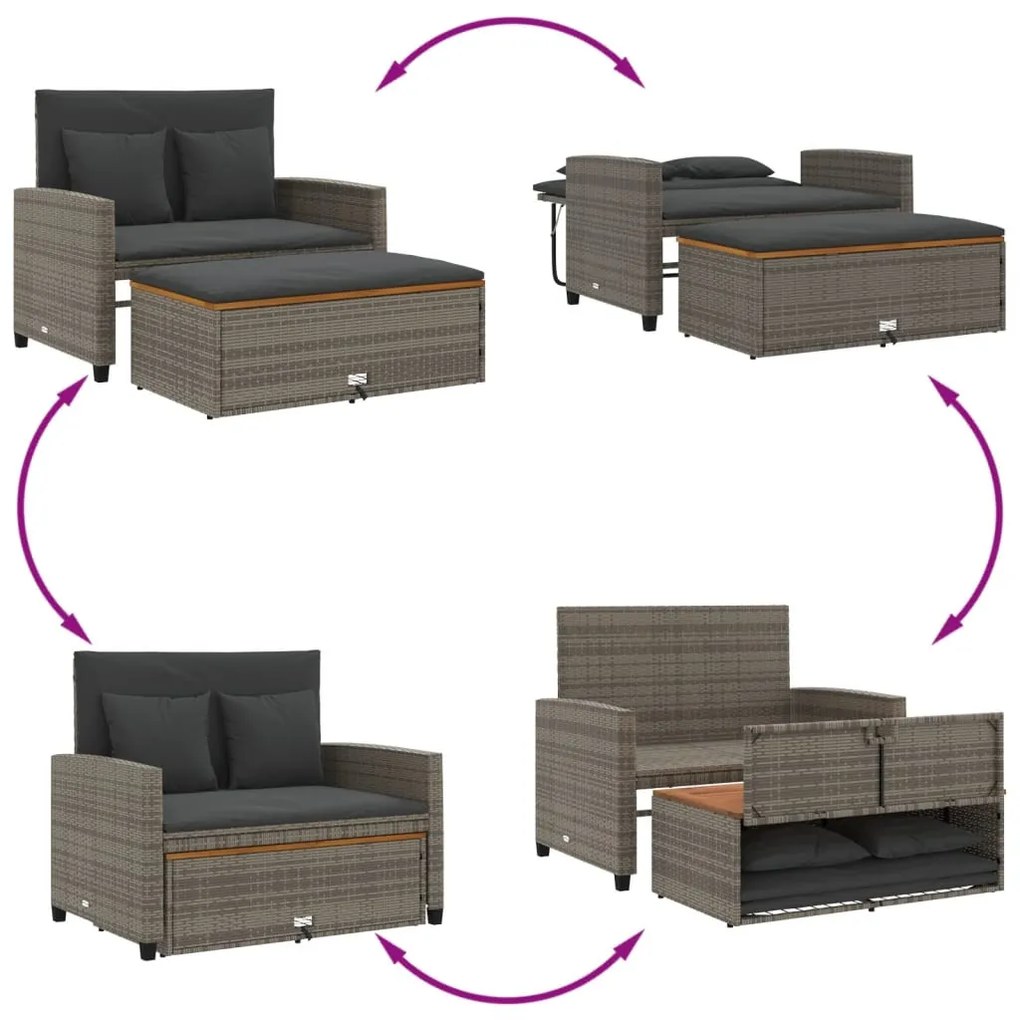 2 személyes szürke polyrattan/akácfa kerti kanapé párnával
