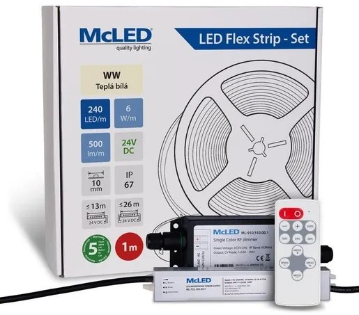 McLED  LED szalag - készlet 1 m + Vevő Nano IP67, 240 LED/m, WW, 6 W/m, DC 24V, 500 lm/m, CRI90, IP67, 10 mm, Vezető 3 m ML-126.034.90.S01002