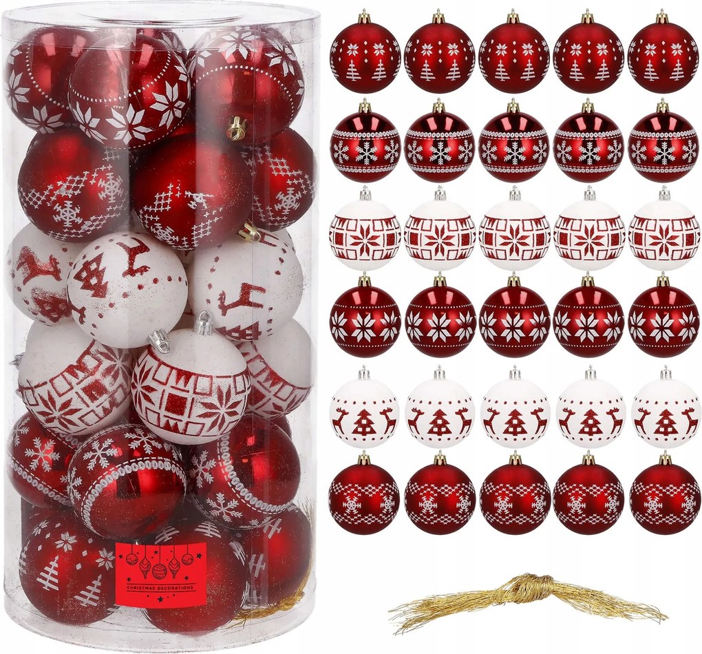 Karácsonyfadísz 7cm Törhetetlen Karácsonyfadísz 30 db-os Szett Piros Fehér Karácsonyfa