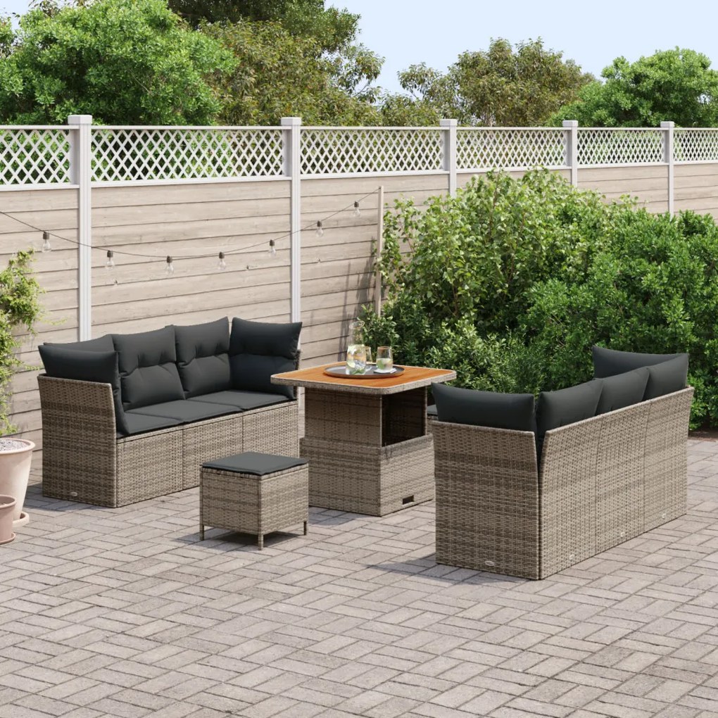 9 Részes Kert Kanapé Szett Párnákkal Szürke Poly Rattan Akác, 3 Részes Kert Étkező Szett Párnákkal Szürke Poly Rattan Akác