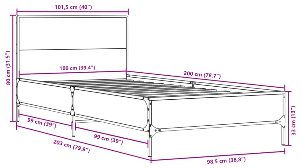 sonoma tölgyszínű szerelt fa és fém ágykeret 100 x 200 cm