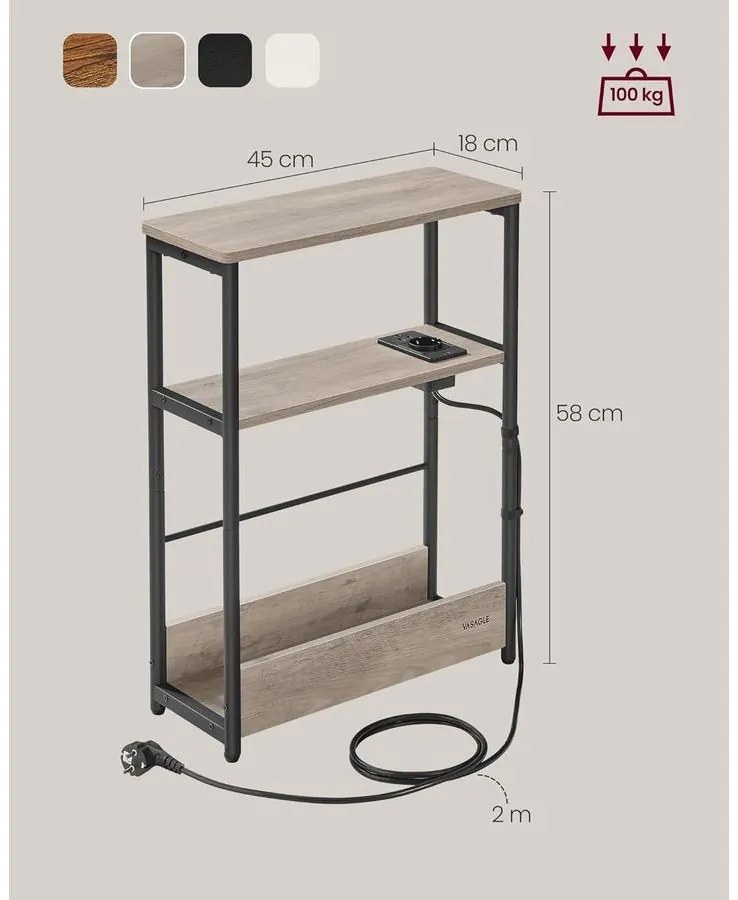 Keskeny oldal asztal töltő funkcióval 3 polcos, 18 x 45 x 58 cm Greige szürke fekete lábakkal