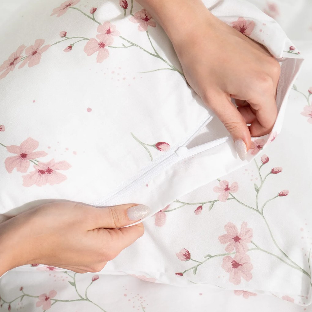Goldea pamut ágyneműhuzat duo - cseresznyevirágok, púderrózsaszín hátoldal 140 x 200 és 70 x 90 cm