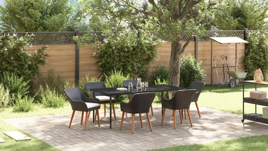 7 Darabos Kerti Étkező Szett Fekete Poly Rattan