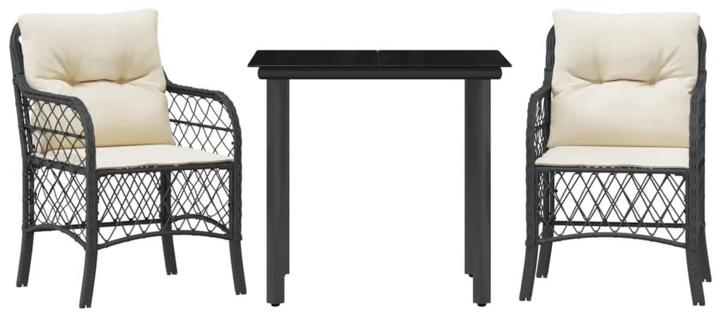 3 részes fekete polyrattan bisztrógarnitúra párnával