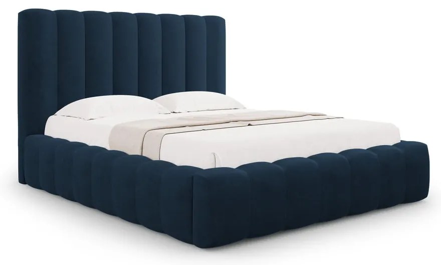 Sötétkék kárpitozott ágyneműtartós franciaágy ágyráccsal 200x200 cm Kelp – Micadoni Home