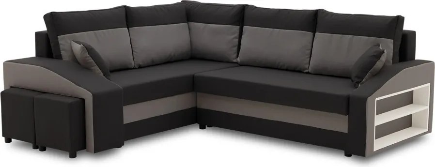 Grande sarokkanapé polcokkal és puffokkal , polc a jobb karfaban puffok a bal karfaban, baloldali, szövet anyag, hab töltet, fekete - szürke