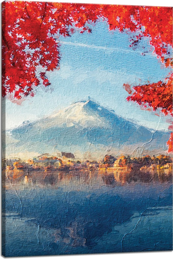 Vászonkép Színes levelek Város Hegy Víz 40x60 cm