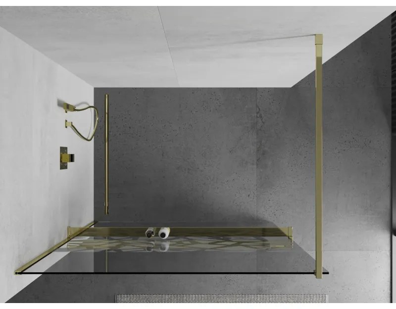 Mexen Kioto +, zuhanyparaván polccal és törölközőtartóval 80 x 200 cm, 8mm átlátszó üvegmintás fehér, arany profil 800-080-121-50-85