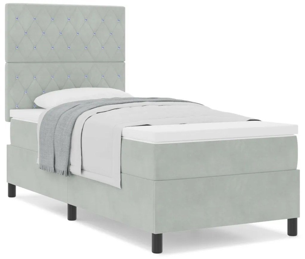 Boxspring Ágy Matrac Könnyű Szürke Egyszemélyes Bársonyos