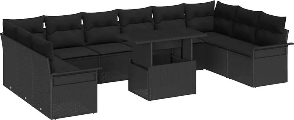 vidaXL Kerti Kanapé Szett párnával 11 pcs Fekete Poli rattan