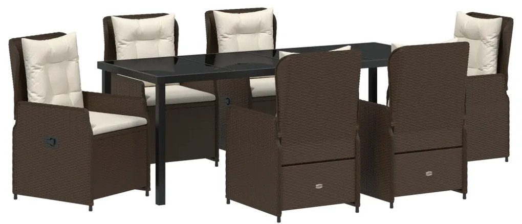 7 Darabos Kerti Étkezőszett Barna Poli Rattan, Kerti Asztal Fekete 200x80x73 cm Edzett Üveggel