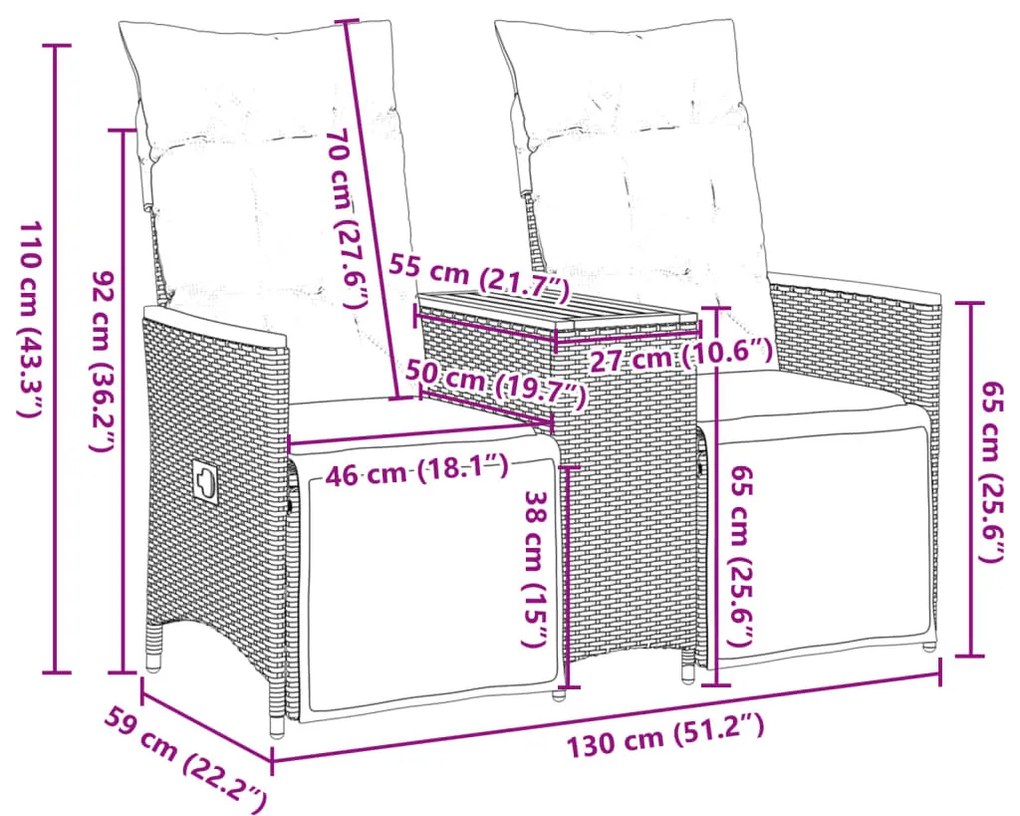 vidaXL 2 személyes szürke polyrattan dönthető kerti kanapé asztallal