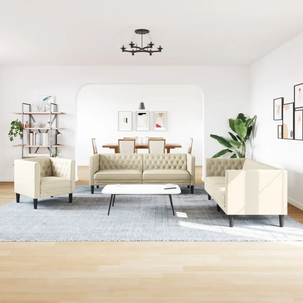 3 részes krémszínű műbőr Chesterfield kanapégarnitúra