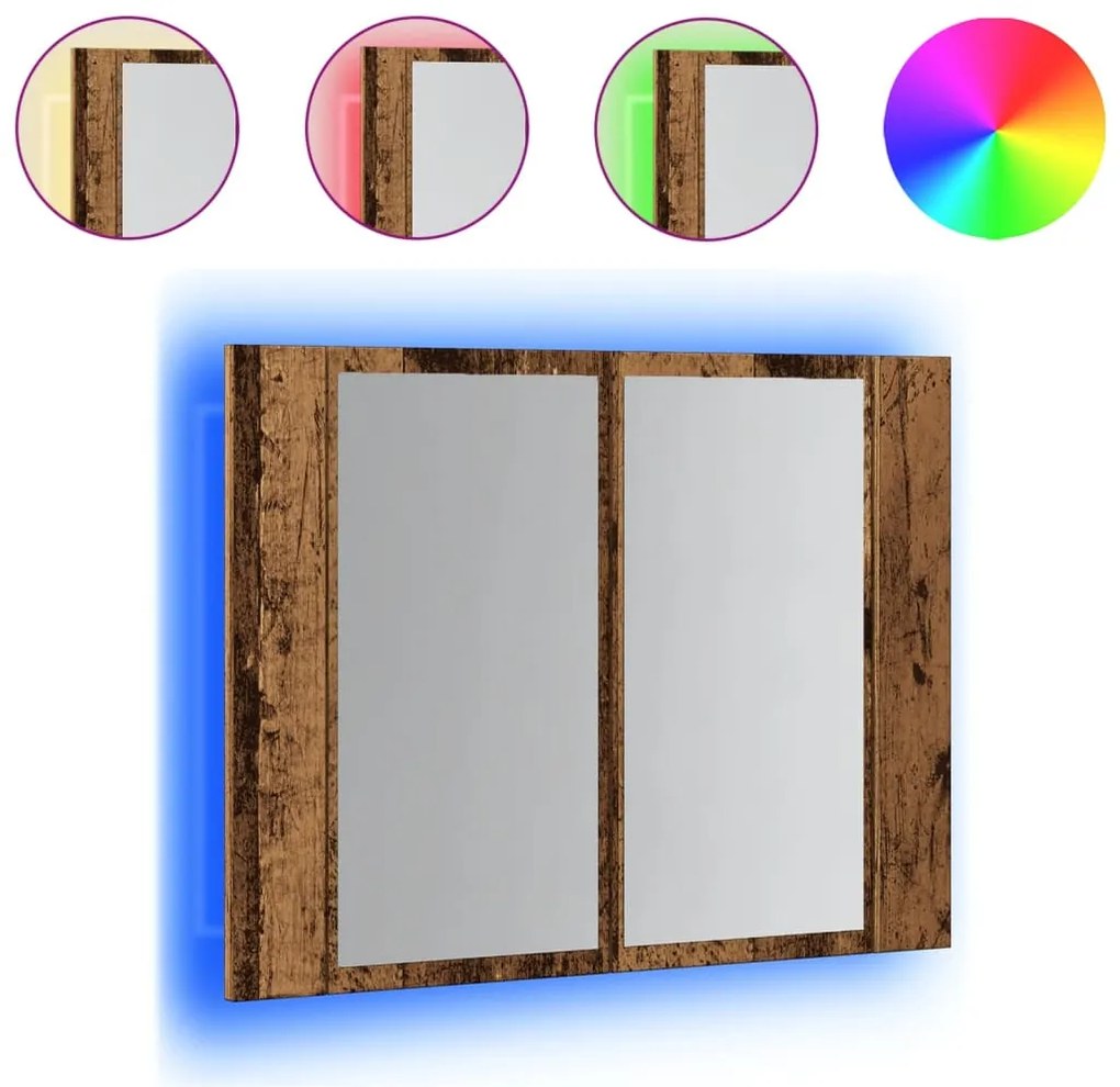 antik fa színű szerelt fa tükörszekrény LED-del 60x12x45cm