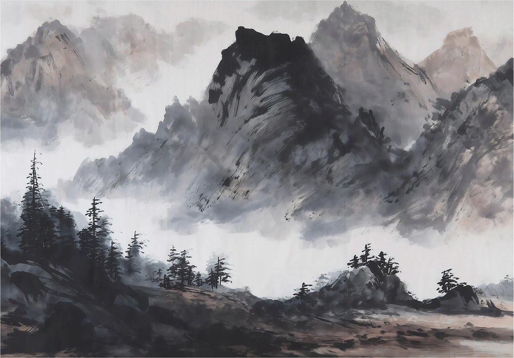 Vinyl Tapéta Flizelin Hegyek Természet Erdő Köd Tájkép Szürke 368x254