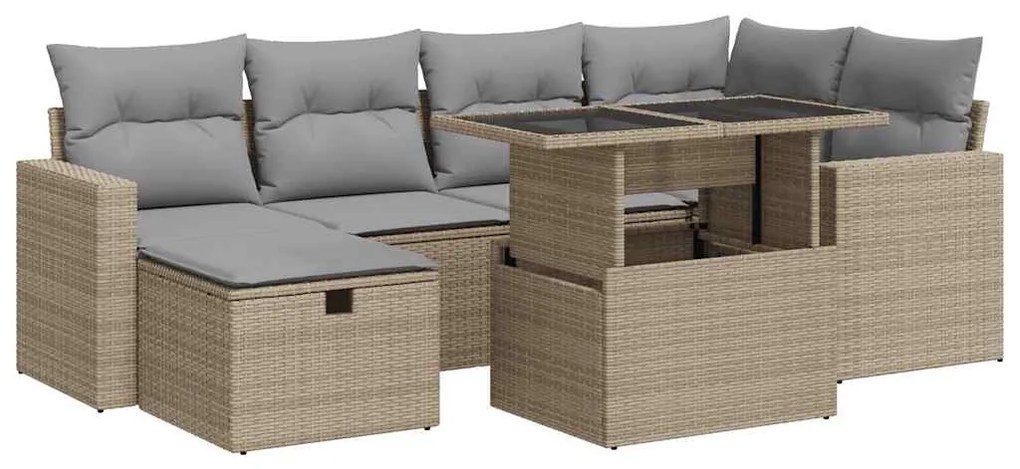 7 részes bézs polyrattan kerti ülőgarnitúra párnákkal