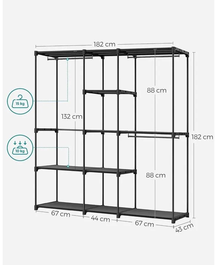 Hordozható, nyitott gardrób, ruhatartó, 43 x 182 x 182 cm fekete