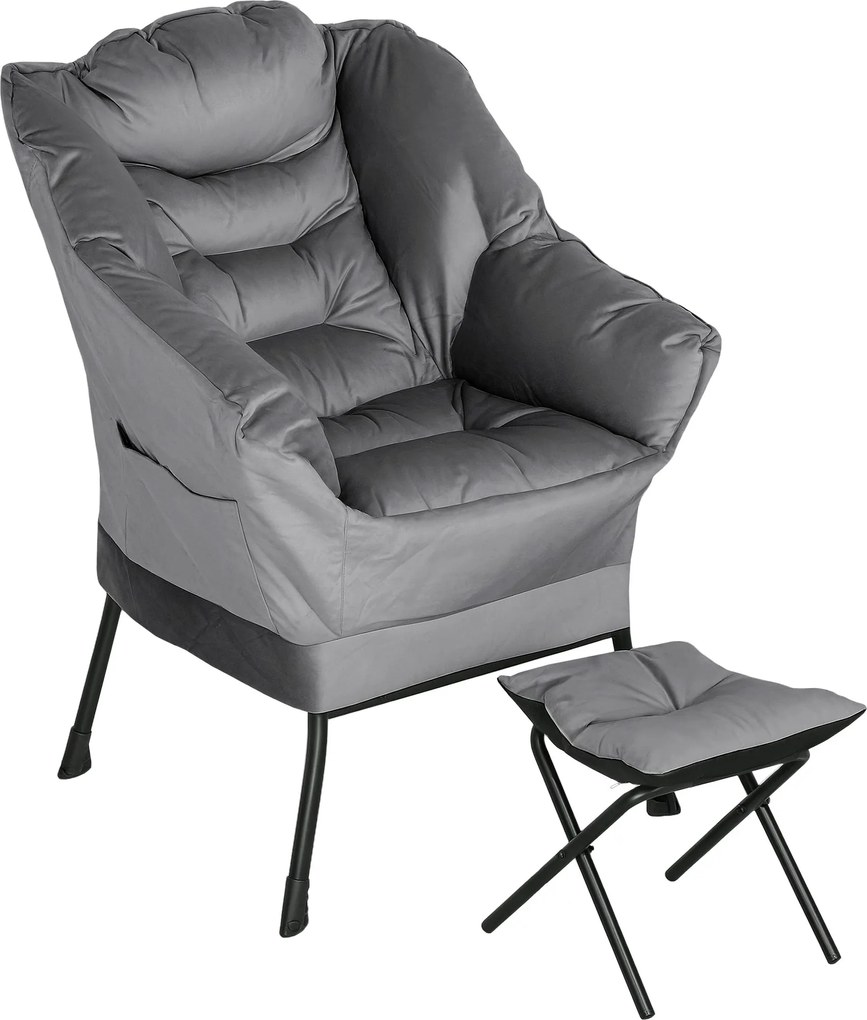 HOMCOM Fotel Szett Lábpihentővel a Nappaliba, Fotel Háttámlával, Karfákkal és 2 Oldalzsebbel Vellut Hatású Anyagból, PP Pamutból és Acélból, 80x78x100