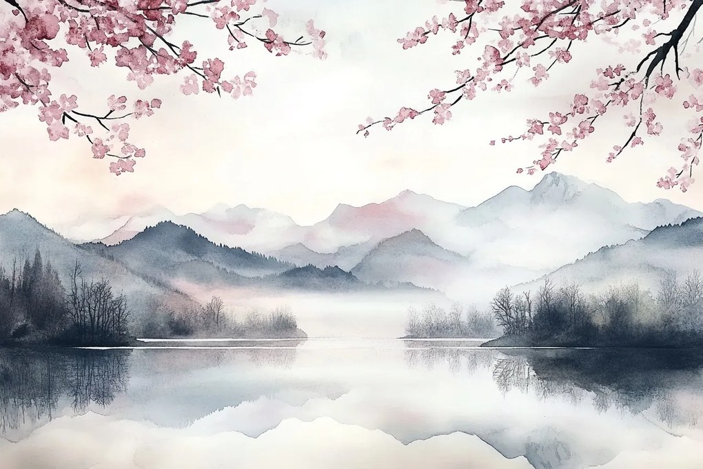 Fotótapéta Flizelina Tájkép Hegyek Tó Cseresznye Virágok Zen 152,5x104 ragasztó