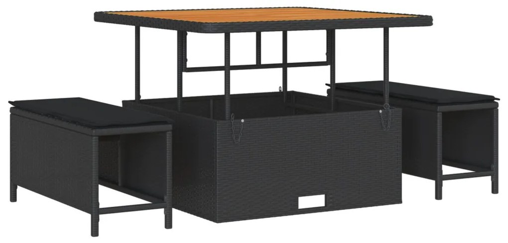 11 darabos kerti kanapészett párnákkal, fekete poly rattan akác, 3 darabos kerti étkező szett párnákkal, fekete poly rattan akác