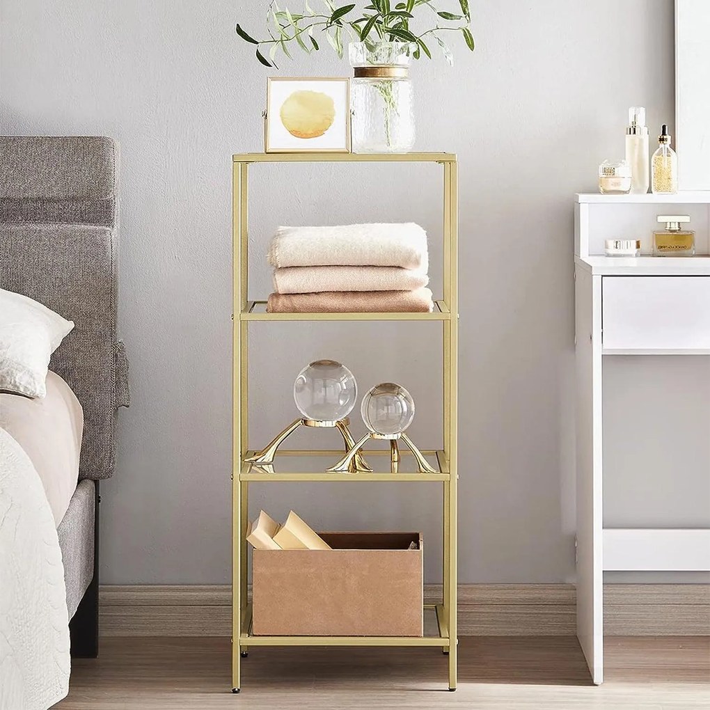 Fürdőszobai tárolópolc 95x40x30 cm, edzett üveg tároló állvány, arany