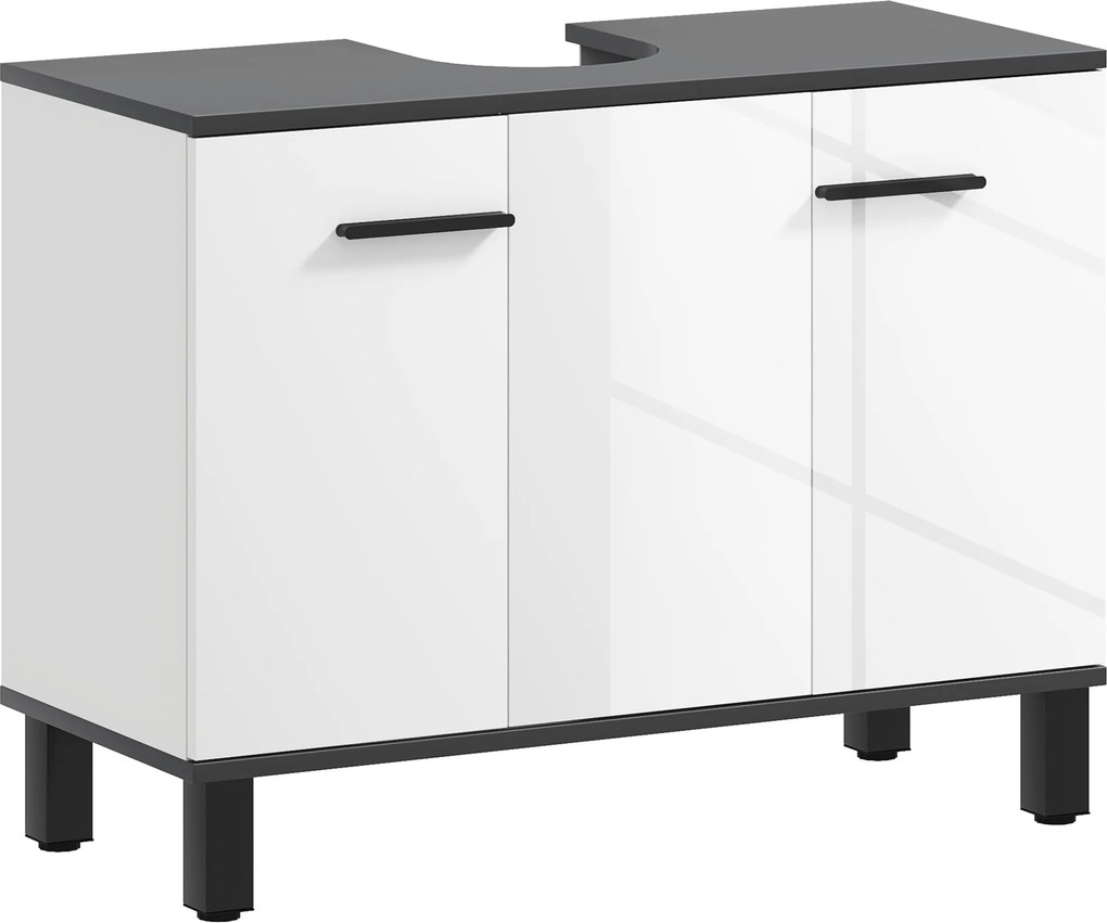 HOMCOM Mosdó Alatti Szekrény Fürdőszobai Mosdókagylóval vagy Lábakkal, 2 Ajtóval és Állítható Polcokkal, 80x34x60 cm Fényes Fehér Fürdőszobához | Aoso