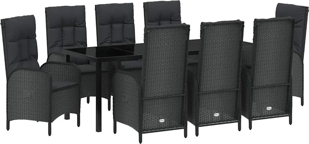 vidaXL Kert étkező szett párnával 9 pcs Fekete polirattan
