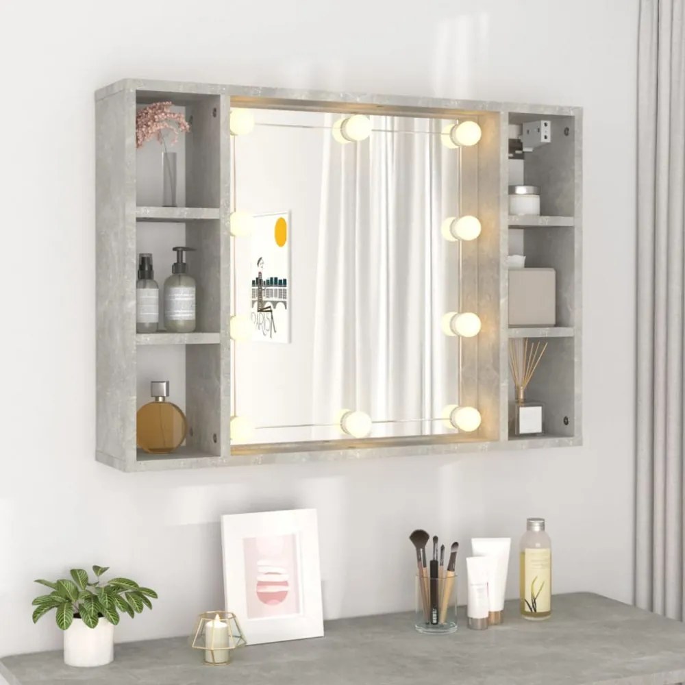 betonszürke tükrös szekrény LED-ekkel 76 x 15 x 55 cm
