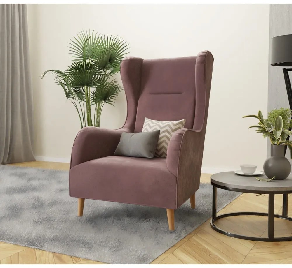 Rózsaszín bársony füles fotel Carole – Ropez