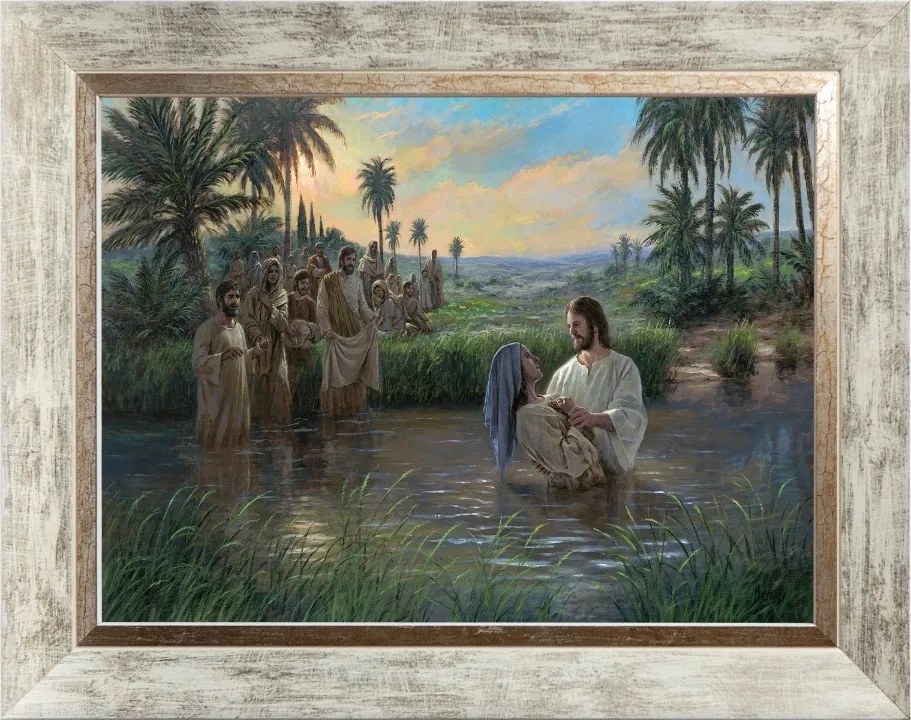 Keresztelő Jódnában Szakrális Vászonkép Fehér Díszített Keretben 30X40