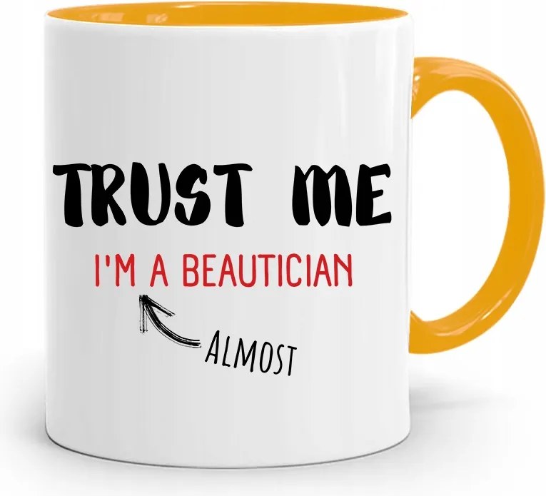 Sárga Bögre Kozmetikusoknak Trust Me! Ajándék fényképes nyomattal