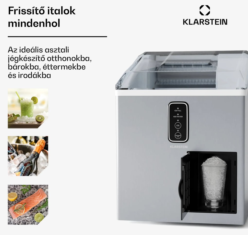 Klarstein Bullet Ice jégkészítő, 15 kg jég naponta, Bullet & zúzott jég, Rozsdamentes acél