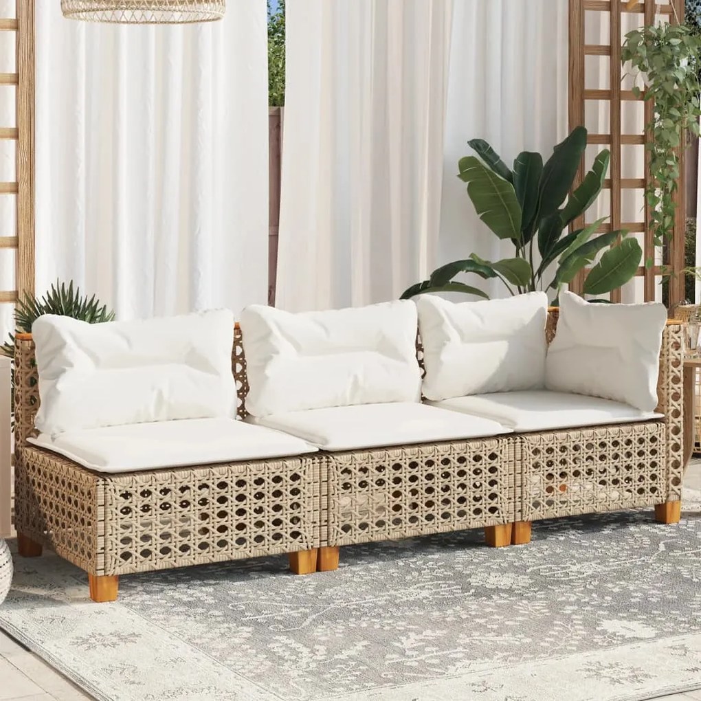 3 személyes bézs polyrattan kerti kanapé párnával