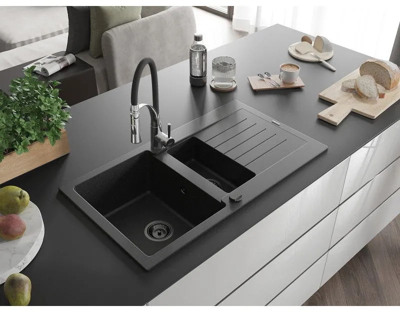 Mexen Matias, gránit mosogató 900x505x200 mm, 1,5 kamrás és Aster mosogató csaptelep, fekete-ezüst metál, 6502-73-73450-07-B