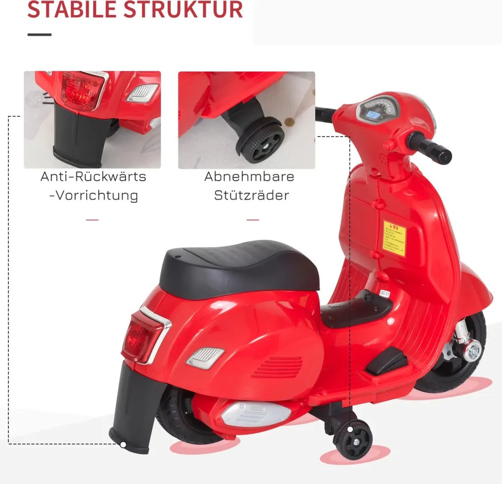 HOMCOM Elektromos gyerekmotor vespa, LED fénnyel, hanggal, 18-36 hónapos korú, piros