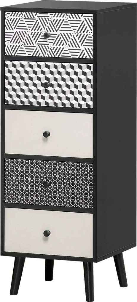 HOMCOM Geometrikus Mintázatú 5-Fiókos Komód, Modern Bútor Hálószobába és Előszobába, 40x40x111.5cm Fekete Szürke | Aosom