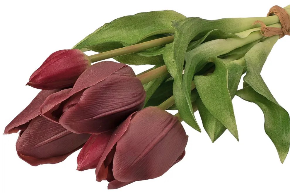 Real touch gumi tulipán, 5 szálas köteg, 30cm magas - Bordó