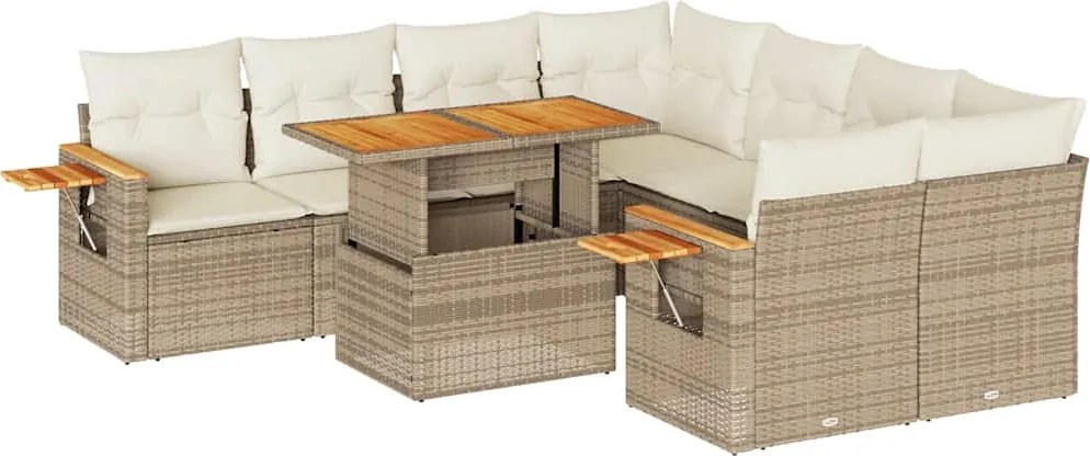 vidaXL 9 részes bézs polyrattan akácfa kerti ülőgarnitúra párnákkal