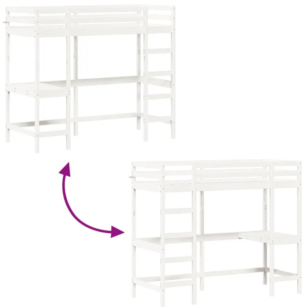 fehér tömör fenyőfa galériaágy íróasztallal 80 x 200 cm