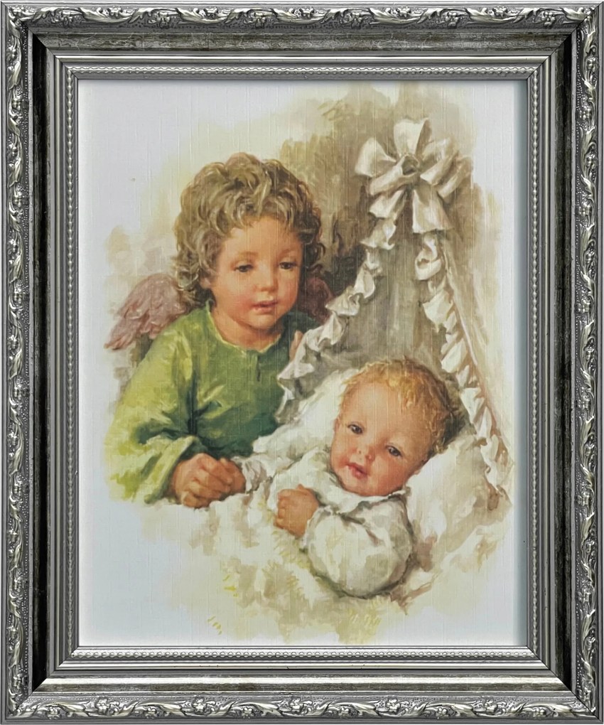 Vászonkép 31x26 Őrangyal Angyal Ezüst Díszített Keresztelő Ajándék Keret