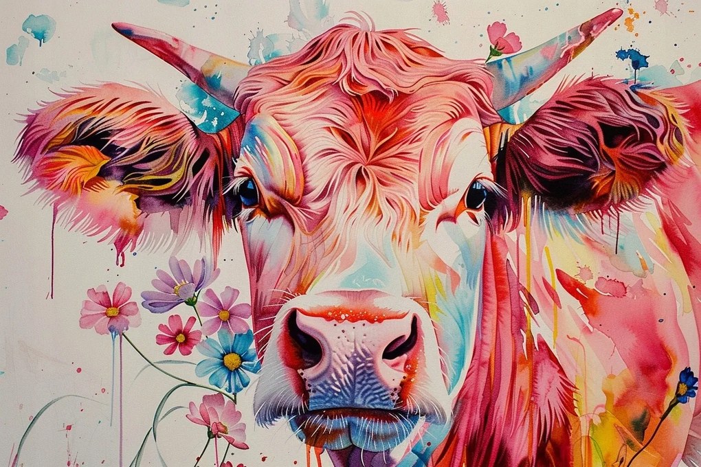 Vászonkép Canvas Portré Tehén Rózsaszín Színek Festékek Virágok Boho 120x80