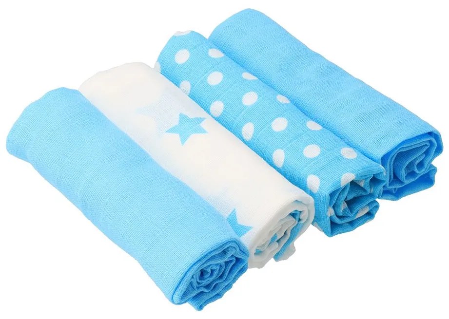Pamut tetra pelenka New Baby Softy nyomtatott mintával 70 x 70 cm 4 db fehér-türkiz
