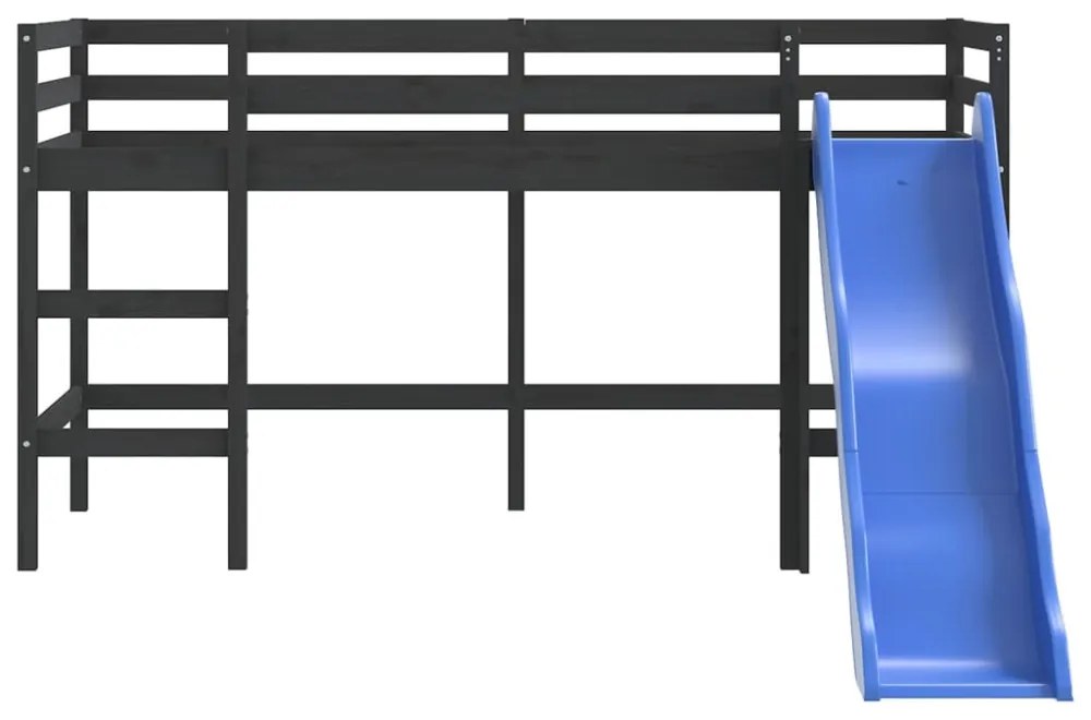 fekete tömör fenyőfa gyerek galériaágy csúszdával 80 x 200 cm