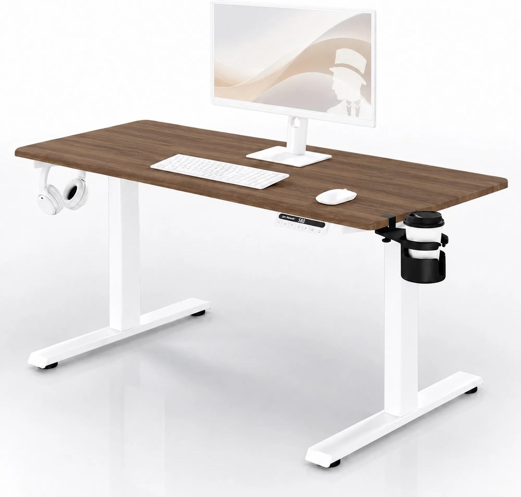 Elektromos, állítható magasságú, ergonomikus, fehér/dió íróasztal,1400x700 mm: ARIA