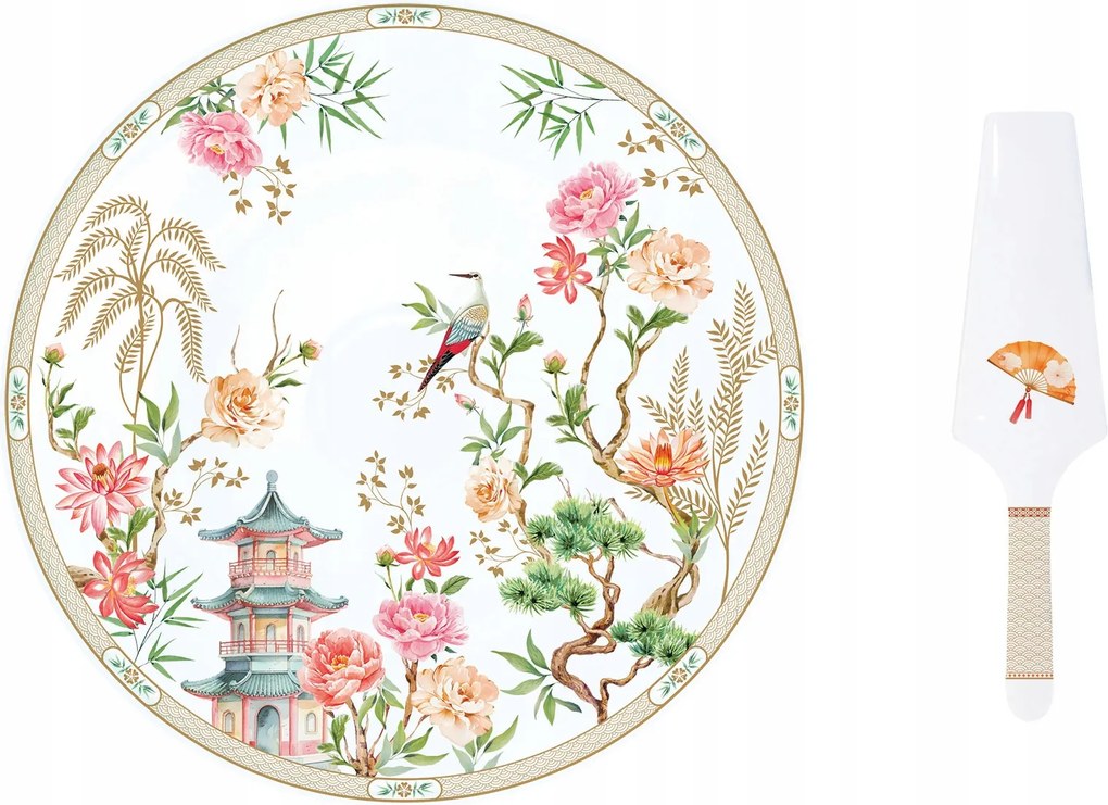 Porcelán Tálalótál Sütemény és tányérral 30 cm, nyári mintás virágok, madár